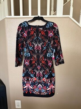 Vince Camuto Floral-Print Black Sheath Dress with Pink & Blue Accents